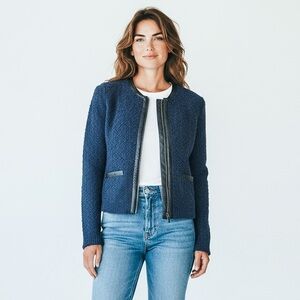 Alfani Navy Bouclé Zip Jacket with Leather Trim